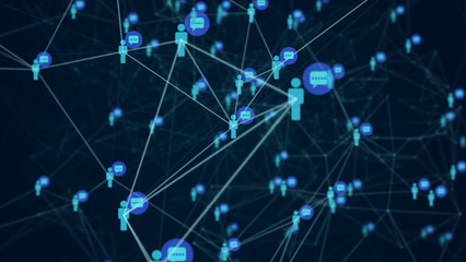 Social network connection people with molecule structure blue color black background. Abstract futuristic digital technology graphic illustration concept.
