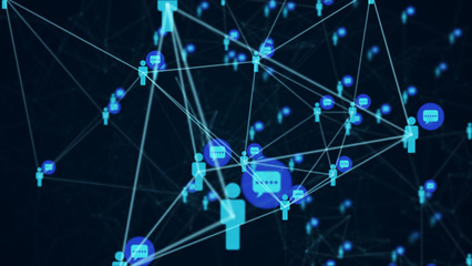 Social network connection people with molecule structure blue color black background. Abstract futuristic digital technology graphic illustration concept.