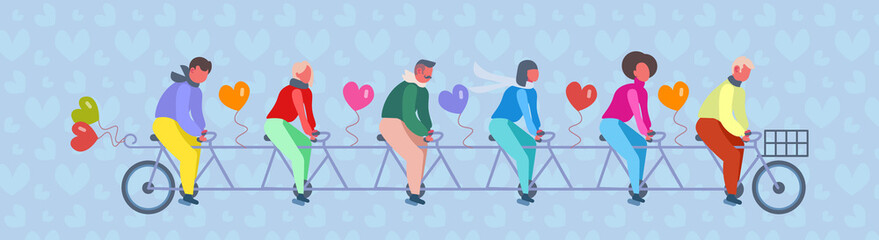 Fototapeta premium people group riding tandem bike with heart shape air balloons happy valentines day concept couples in love successful teamwork flat horizontal banner vector illustration