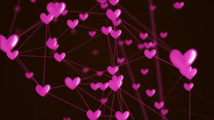 Social network heart connection with love icon structure pink color black background. Abstract futuristic digital technology graphic illustration concept.