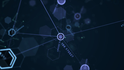 Abstract futuristic hexagon, dot circle and line network structure with random number blue color black background. Computer network connection digital technology illustration concept.