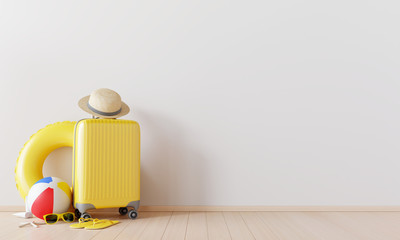 Yellow suitcase with beach accessories  on wooden floor. summer travel concept .3d rendering