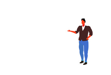 casual businessman pointing hand something male office worker business man wearing fashionable clothes standing pose full length character flat horizontal isolated