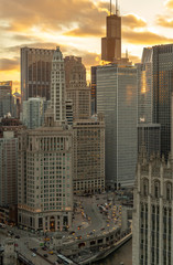 Chicago downtown buildings skyline evening sunset