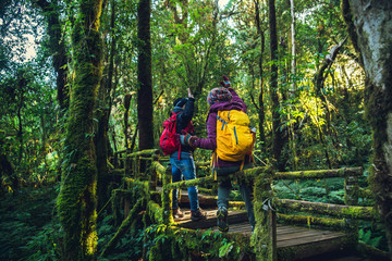 Couples traveling, relax in winter.Enjoy hiking walking travel to study nature in the rainforest. at the angka, Chiangmai