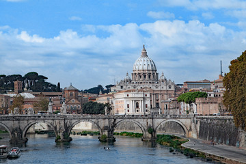 Fototapeta na wymiar Rome, Tiber River Embankment with St. Peter's Basilica