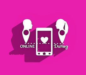 Online dating app concept with man and woman heads. Couple relationships. 3D rendering