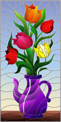 Illustration in stained glass style with floral still life, colorful bouquet of Tulips in a purple vase on a blue background