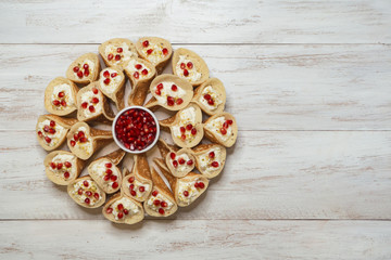Qatayef Asafiri, Arabian pancake stuffed with sweet cheese.
