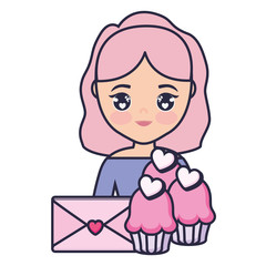 cute and little girl with cupcakes and envelope