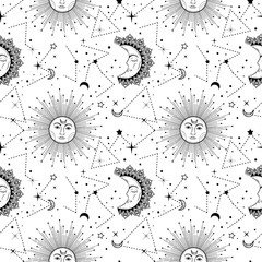 Bohemian seamless pattern with sun, moon, stars and constellation. Vintage style. Gypsy and hipster vector illustration. Astronomy and astrology symbol.