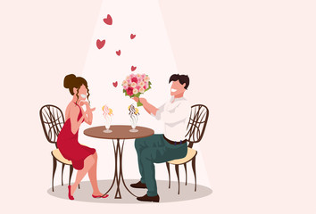 man giving woman flowers bouquet happy valentines day holiday concept man woman sitting at table in cafe eating sweet ice cream isolated horizontal flat vector illustration