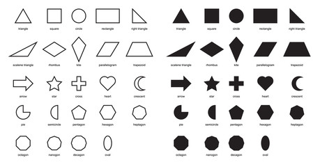 2D Shapes Educational Chart Poster. Shapes Basic Chart. printable learning material for kids . black and white printables game. Shapes For Kids illustration