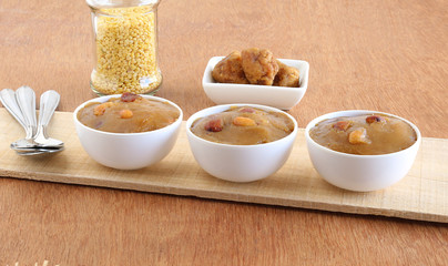 Moong dal halwa, a delicious and tasty, Indian vegetarian sweet cuisine, and its main ingredients...