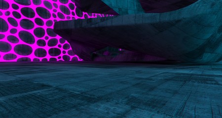 Abstract  Concrete Futuristic Sci-Fi interior With Pink And Blue Glowing Neon Tubes . 3D illustration and rendering.