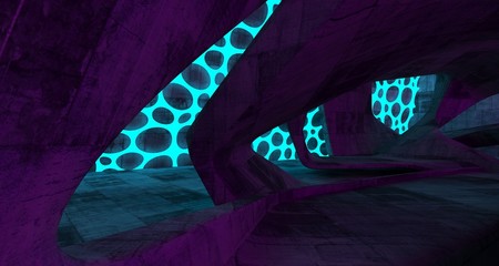 Abstract  Concrete Futuristic Sci-Fi interior With Pink And Blue Glowing Neon Tubes . 3D illustration and rendering.