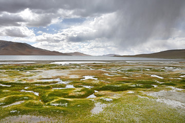 China, Tibet. Rain over the lake Ngangla Ring Tso in summer