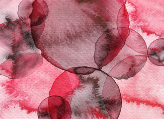 Red abstract circle watercolor background. Hand drawn circles illustration.