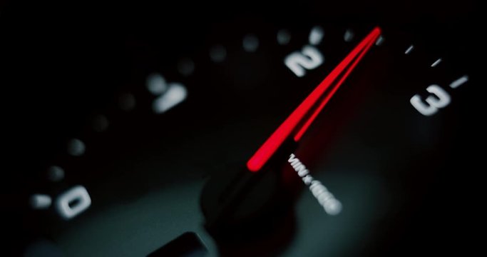 Close up of speedometer scoring high speed of anonymous prestigious luxury modern car. Shot in 8K. Concept of passion for driving cars and engines, car race, sport cars,luxury cars, auto dial