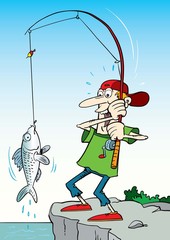 Fisherman, caught fish - Vector