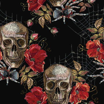 Embroidery skull and red roses, spider and web seamless pattern. Dark gothic art. Halloween background. Clothes template and t-shirt design