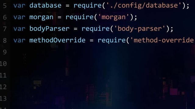 Code editor interface. Programming software screen with syntax highlighting. Code writing process.