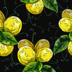 Embroidery fruit lemons seamless pattern. Botanical illustration. Fashion template for clothes, textiles and t-shirt design