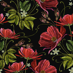 Spring embroidery red peonies flowers seamless pattern. Fashion template for clothes, textiles and t-shirt design