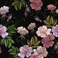Embroidery wild pink flowers seamless pattern. Fashion template for clothes, textiles and t-shirt design