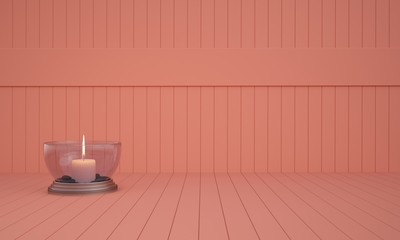 Horizontal background with a candle in a glass candlestick on the wooden surface of coral color. Living Coral background. Color of the year 2019 concept. 3D illustration