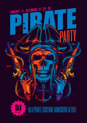 A sign, a poster for a pirate party. Original vector illustration in neon style