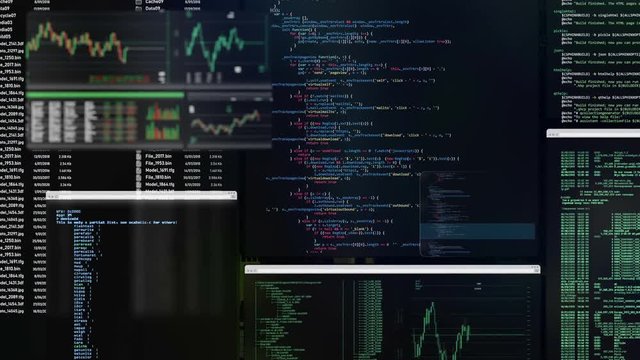 Futuristic control panel with ruung applications, moving code listings, commands, updating financial data tabs. Flowing windows with blinking commands and code.