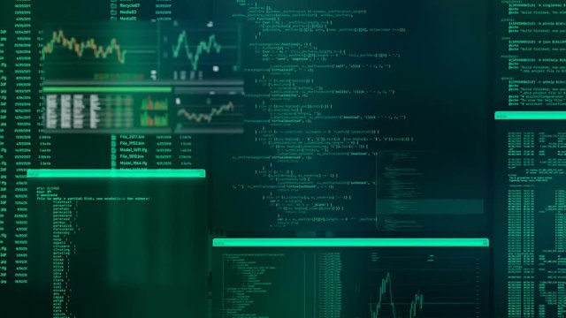 Beautiful futuristic control panel with ruung applications, moving code listings, commands, updating financial data tabs. Flowing windows with blinking commands and code.