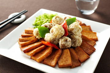 Delicious Chinese cuisine, fried meatballs mushrooms