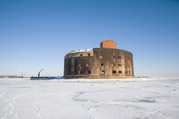 View of the ancient sea fort Imperator Alexander I (Plague) March afternoon. Kronstadt, St....