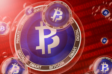 Bitcoin Private crash; Bitcoin Private (BTCP) coins in a bubbles on the binary code background. Close-up.