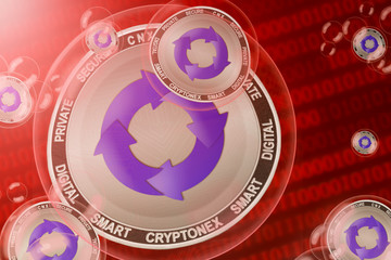 Cryptonex crash; Cryptonex (CNX) coins in a bubbles on the binary code background. Close-up. 