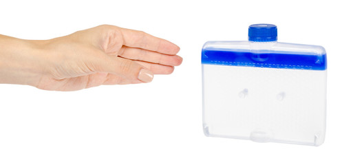 Blue liquid detergent with hand for cleaning dishwasher machine