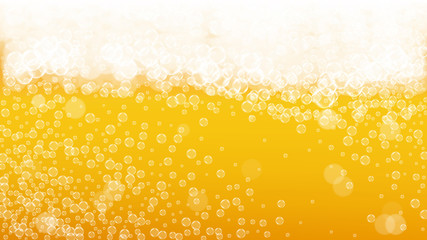 Lager beer. Background with craft splash. Oktoberfest foam. Bavarian pint of ale with realistic white bubbles. Cool liquid drink for bar menu layout. Golden cup with lager beer.