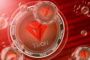 Tronclassic crash; TRONCLASSIC (TRXC) coins in a bubbles on the binary code background. Close-up. 