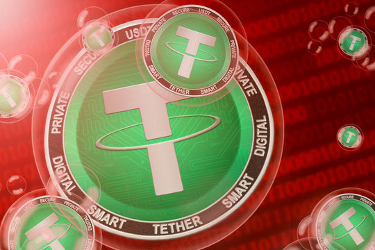 Tether crash; Tether (USDT) coins in a bubbles on the binary code background. Close-up.