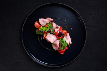 healthy snack, salmon toast for breakfast or lunch with rye bread, roast beef and fresh vegetable salad. traditional danish open sandwich smorrebrod. whole food and diet, clean eating concept.