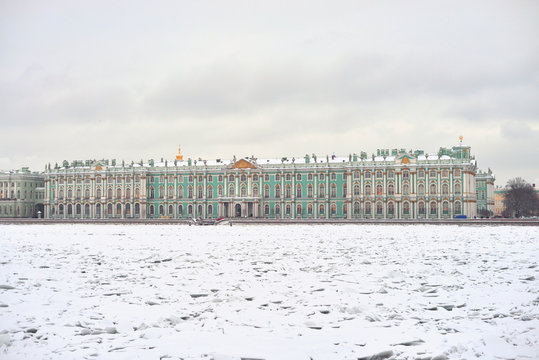 Winter Palace and Neva River at winter.