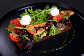 healthy snack, toast for breakfast or lunch with rye bread, grilled chicken and vegetables. traditional danish open sandwich smorrebrod. whole food and diet, clean eating concept.