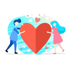 A man and a woman with big red heart on the background. a couple. lovers. 