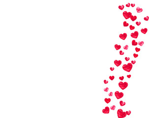 Heart confetti background with pink glitter. Valentines day. Vector frame. Hand drawn texture. Love theme for poster, gift certificate, banner. Wedding and bridal template with heart confetti.