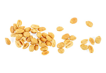 Roasted salted peanuts isolated on a white background, top view.