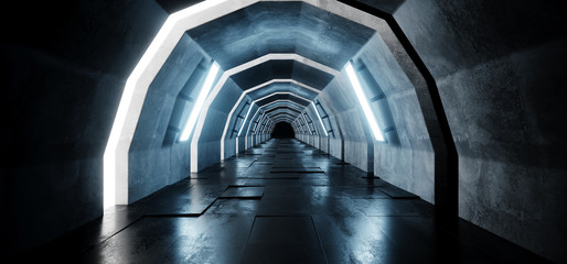Sci Fi Oval Arc Shaped Alien Empty Long Grunge Concrete Tiled Reflective Floor Corridor Tunnel Hall With Blue Lights Futuristic Dark 3D Rendering