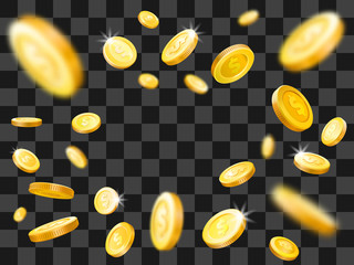 Shiny gold coins explosion. Falling money. Vector illustration concept
