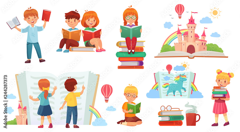 Wall mural Kids reading book. Cartoon child library, happy kid read books and book stack isolated vector illustration